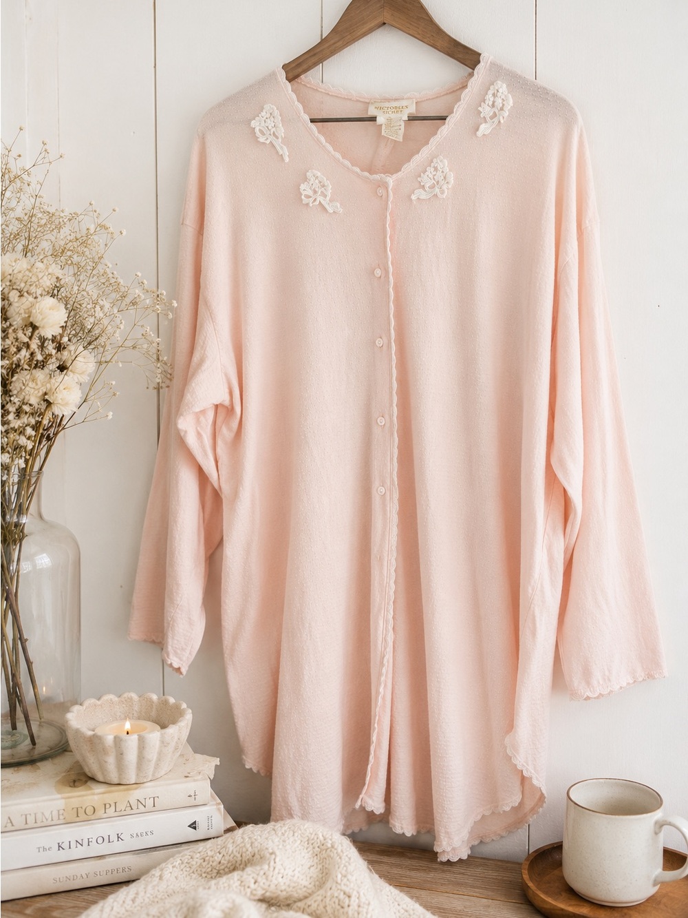 Victoria’s Secret Vintage Pink Cotton Lace Floral Appliqué Sleep Shirt Nightgown